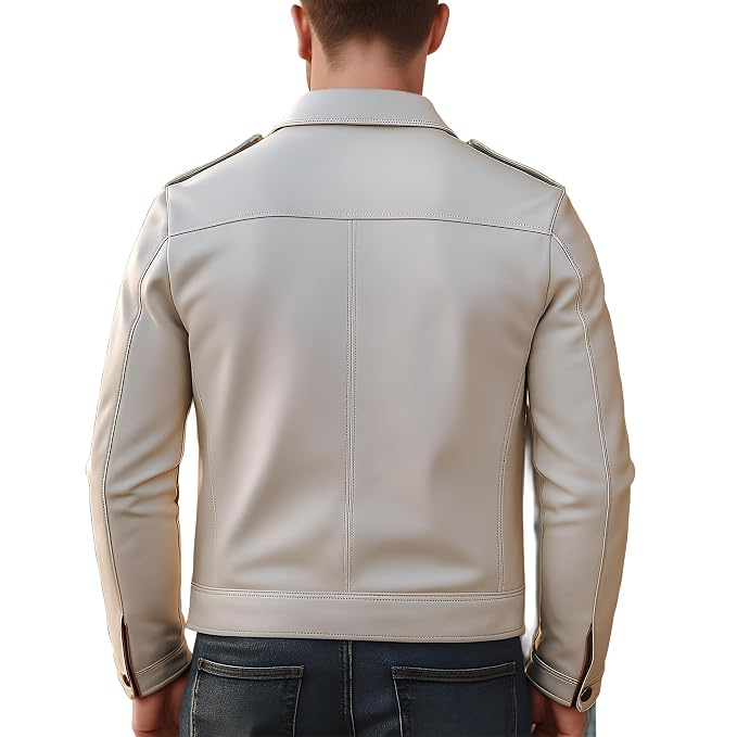 Back view of a man wearing the pure white Venom Rogue Signature Lambskin Edge Leather Jacket featuring button-flap chest pockets and shoulder epaulettes.