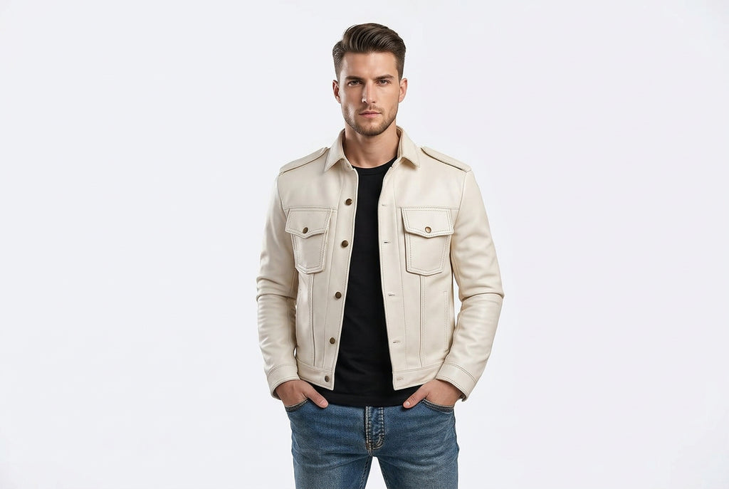 Front view of a man wearing the pure white Venom Rogue Signature Lambskin Edge Leather Jacket featuring button-flap chest pockets and shoulder epaulettes.