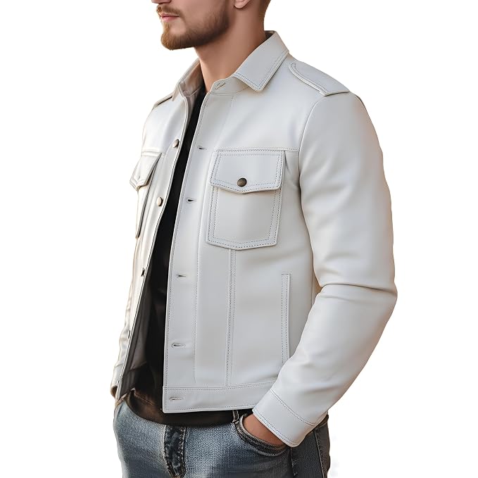 Side view of a man wearing the pure white Venom Rogue Signature Lambskin Edge Leather Jacket featuring button-flap chest pockets and shoulder epaulettes.