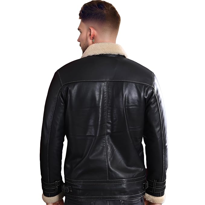 Back view of a man wearing the black Venom Throttle Vintage Genuine Biker Leather Jacket with contrast stitching and cream shearling collar.