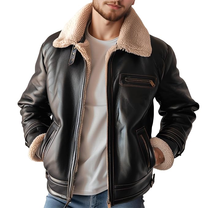 Side view of a man wearing the black Venom Throttle Vintage Genuine Biker Leather Jacket with contrast stitching and cream shearling collar.