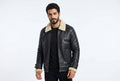 Front view of a man wearing the black Venom Throttle Vintage Genuine Biker Leather Jacket with contrast stitching and cream shearling collar.