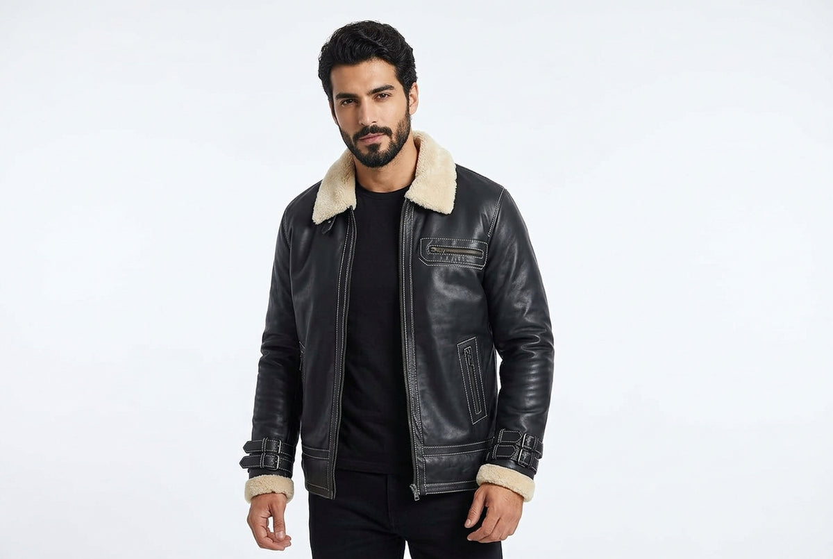Front view of a man wearing the black Venom Throttle Vintage Genuine Biker Leather Jacket with contrast stitching and cream shearling collar.