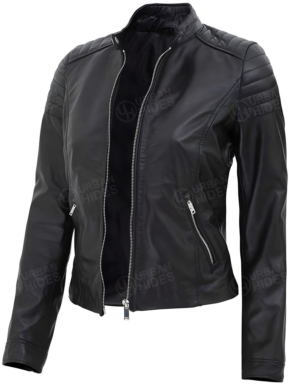 Victoria Elite Lambskin Jacket by UrbanHides crafted from premium genuine lambskin leather for women with a tailored fit, handcrafted luxury, custom sizing, and worldwide shipping.