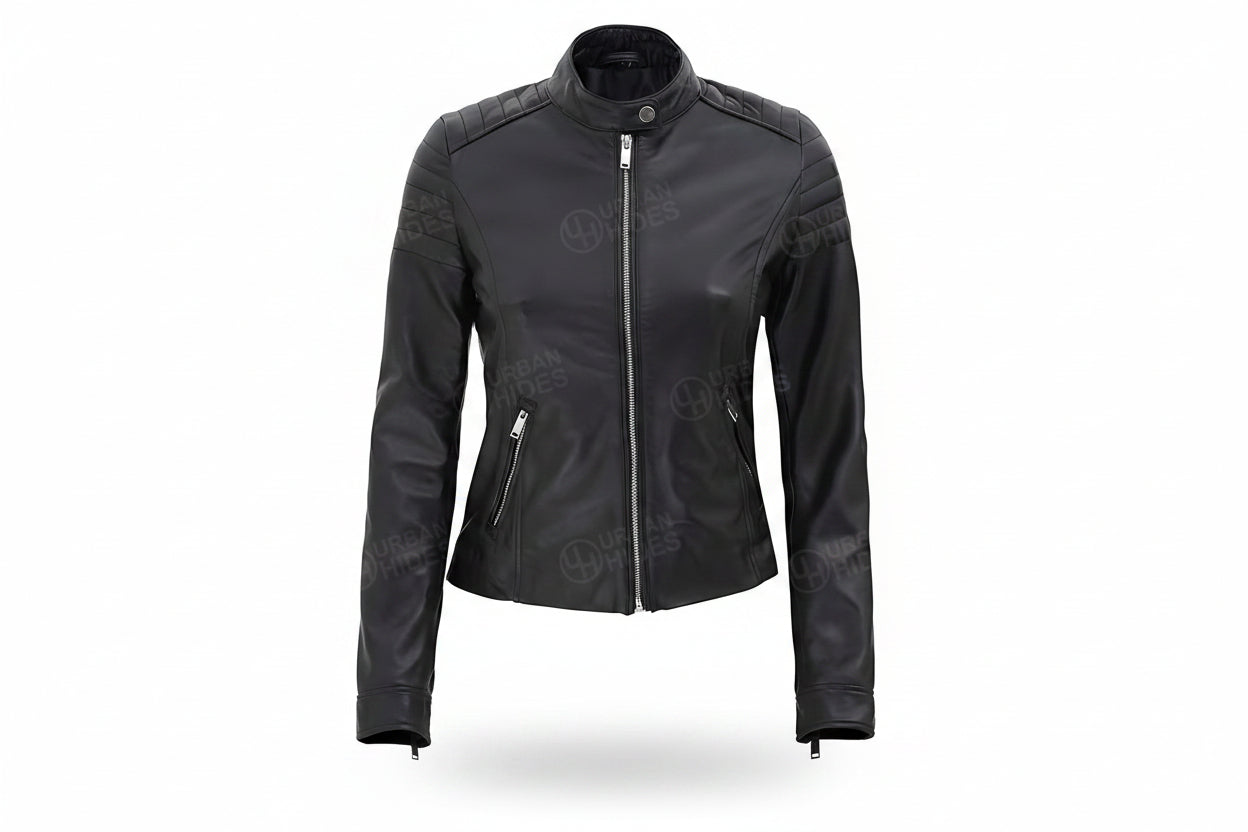 Victoria Elite Lambskin Jacket by UrbanHides crafted from premium genuine lambskin leather for women with a tailored fit, handcrafted luxury, custom sizing, and worldwide shipping.