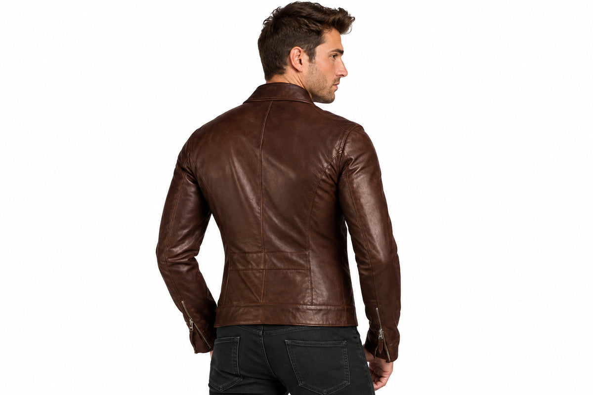 Back view of a man wearing the brown Vintage Bourbon Leather Rider Jacket featuring notched lapels and an asymmetrical zipper.