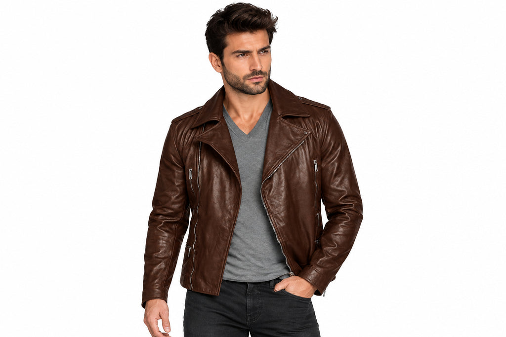 Front view of a man wearing the brown Vintage Bourbon Leather Rider Jacket featuring notched lapels and an asymmetrical zipper.