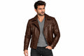 Front view of a man wearing the brown Vintage Bourbon Leather Rider Jacket featuring notched lapels and an asymmetrical zipper.