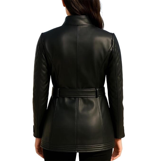 Vortexhide women's black genuine soft lambskin real leather vintage style jacket featuring an all-over diamond-quilted pattern, high stand collar, front button closure, matching adjustable waist belt with buckle, smooth leather edge binding, deep side pockets, long fitted sleeves, and custom made-to-measure fitting across the UK, USA, and Australia.face