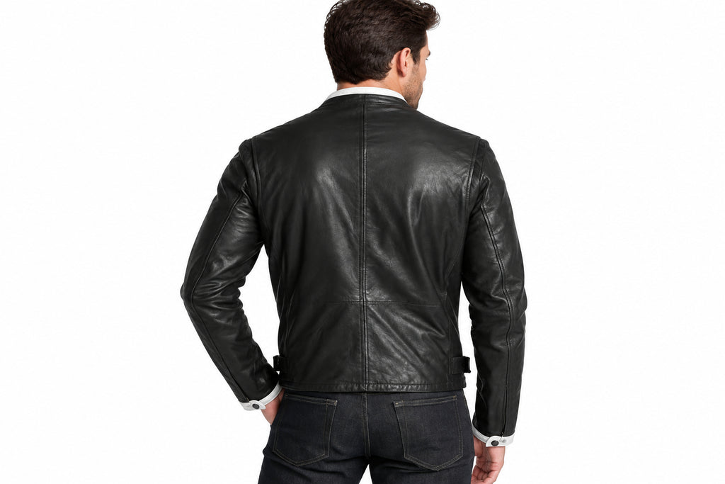 Back view of a man wearing the Weathered Legend Moto Jacket featuring a stand collar and contrast sleeve stripes.