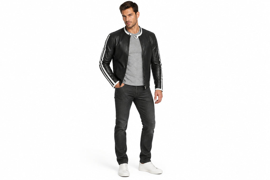 Front view of a man wearing the Weathered Legend Moto Jacket featuring a stand collar and contrast sleeve stripes.