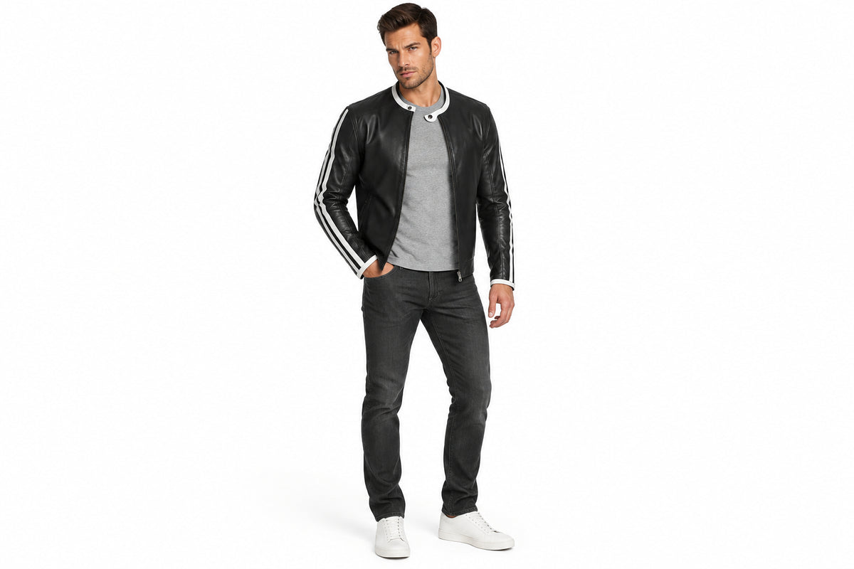Front view of a man wearing the Weathered Legend Moto Jacket featuring a stand collar and contrast sleeve stripes.