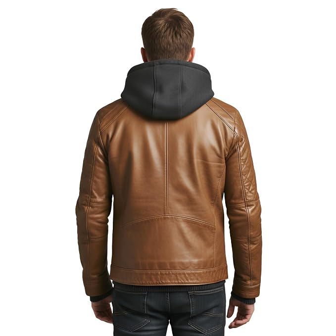 Back view of a man wearing the rustic tan Wild Edge Nappa Lambskin Leather Jacket featuring an integrated hood and quilted shoulder yokes.
