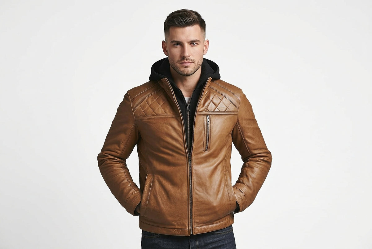 Front view of a man wearing the rustic tan Wild Edge Nappa Lambskin Leather Jacket featuring an integrated hood and quilted shoulder yokes.