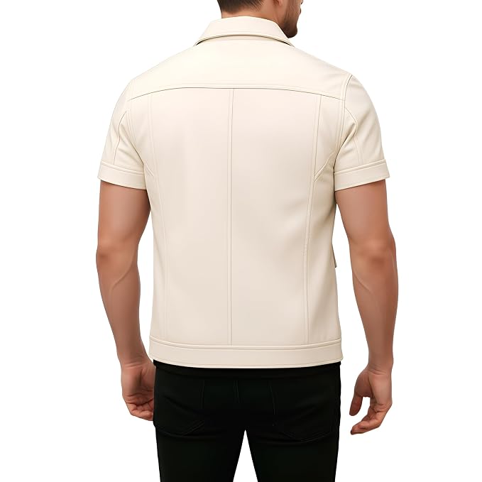 Back view of a man wearing the cream off-white Wild Forge Sleek Urban Lambskin Racer Jacket featuring short sleeves and four snap-flap pockets.