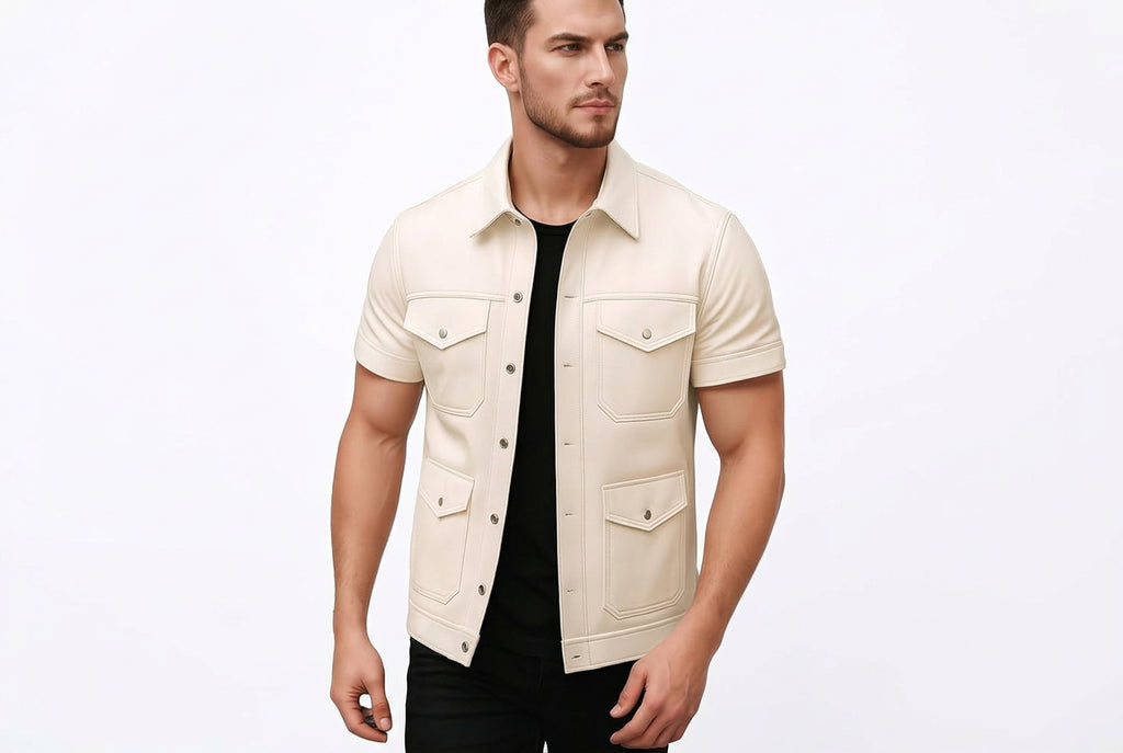 Front view of a man wearing the cream off-white Wild Forge Sleek Urban Lambskin Racer Jacket featuring short sleeves and four snap-flap pockets.