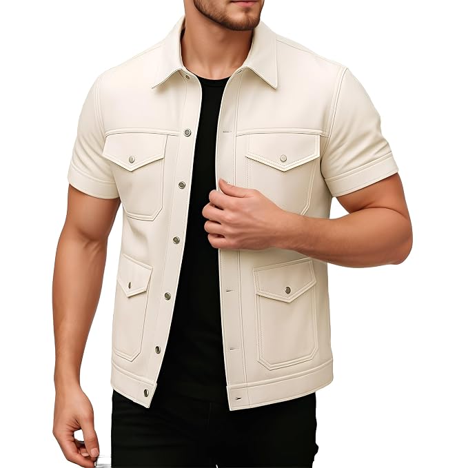 Side view of a man wearing the cream off-white Wild Forge Sleek Urban Lambskin Racer Jacket featuring short sleeves and four snap-flap pockets.