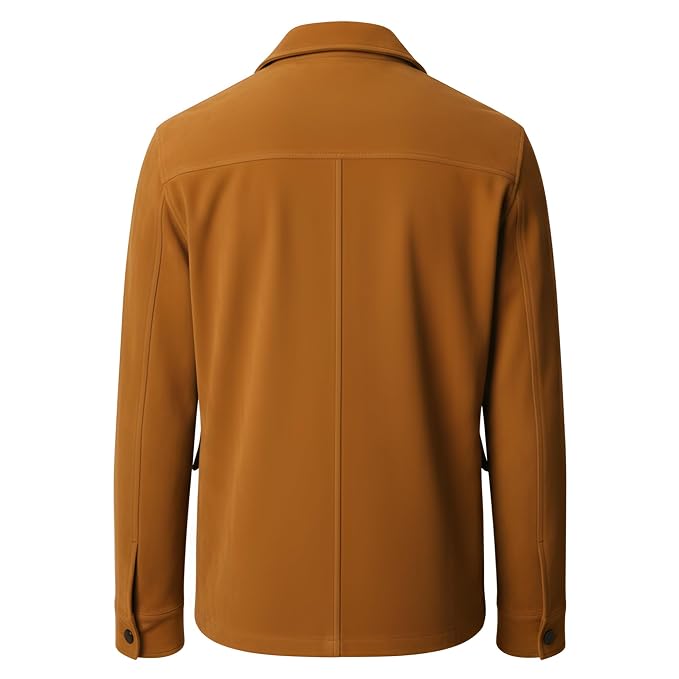Back view of the ochre tan Wild Gear Minimalist Suede Leather Jacket featuring a spread shirt collar, dark buttons, and flap patch pockets.