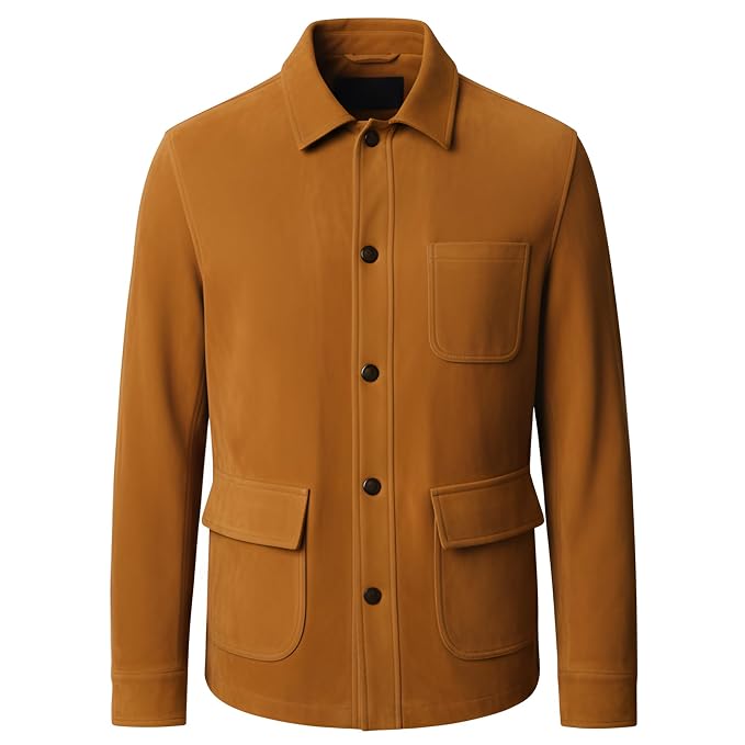 Front view of the ochre tan Wild Gear Minimalist Suede Leather Jacket featuring a spread shirt collar, dark buttons, and flap patch pockets.