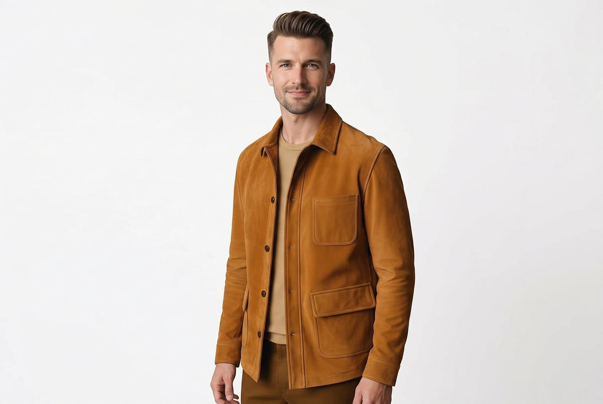 Side view of the ochre tan Wild Gear Minimalist Suede Leather Jacket featuring a spread shirt collar, dark buttons, and flap patch pockets.