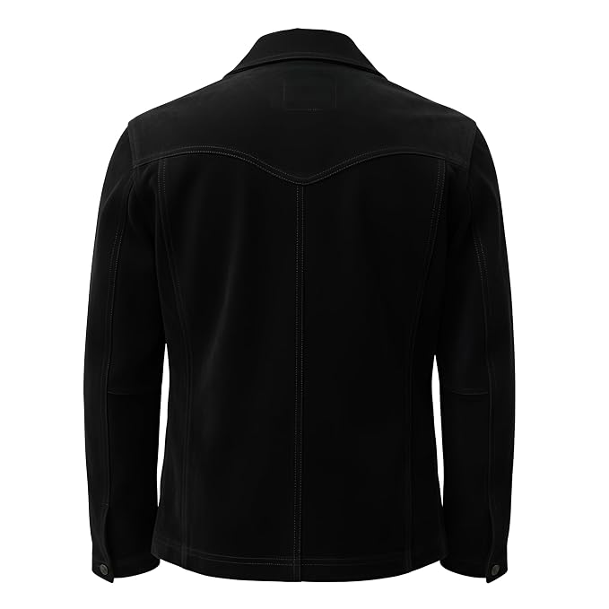 Back view of a man wearing the jet black Wild Rider Soft Suede Leather Jacket featuring a notch lapel collar and four front pockets.