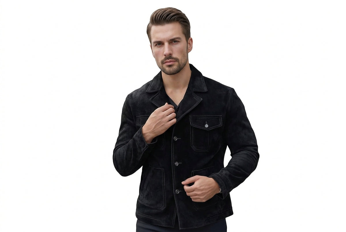 Front view of a man wearing the jet black Wild Rider Soft Suede Leather Jacket featuring a notch lapel collar and four front pockets.