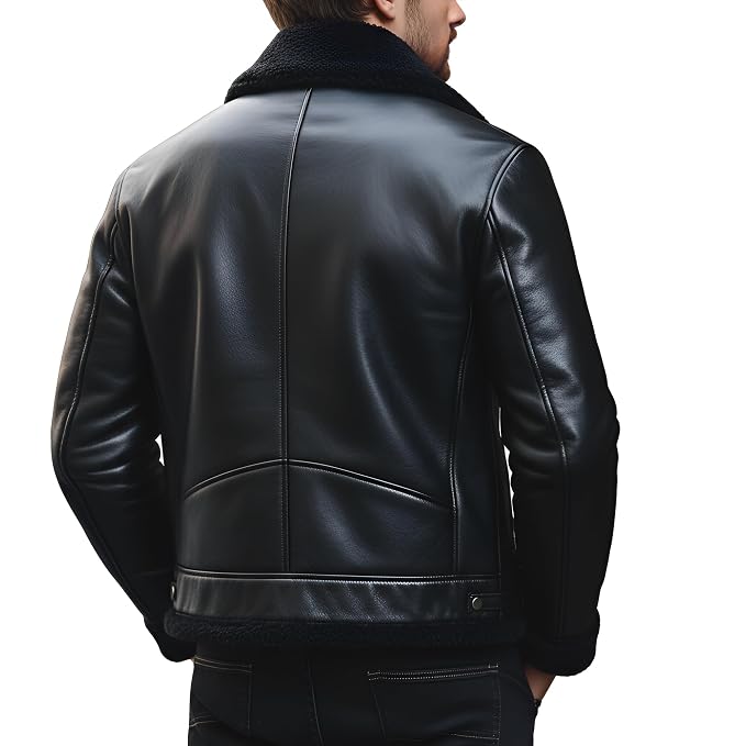 Back view of a man wearing the jet black Wild Rogue Luxe Icon Real Leather RacerJacket featuring a black shearling collar and chest patch pocket.
