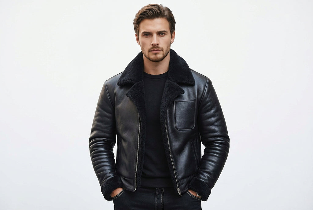 Front view of a man wearing the jet black Wild Rogue Luxe Icon Real Leather RacerJacket featuring a black shearling collar and chest patch pocket.