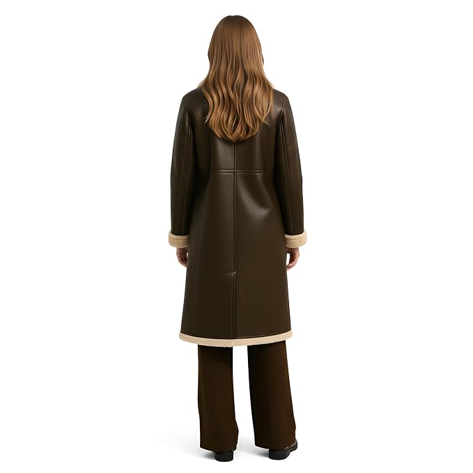 Wild Tempest women's dark espresso brown genuine lambskin leather motorcycle style long coat featuring a plush cream shearling notch collar, exposed shearling-trimmed hem and cuffs, single-breasted four-button closure, and custom made-to-measure fitting across the UK, USA, and Australia.back