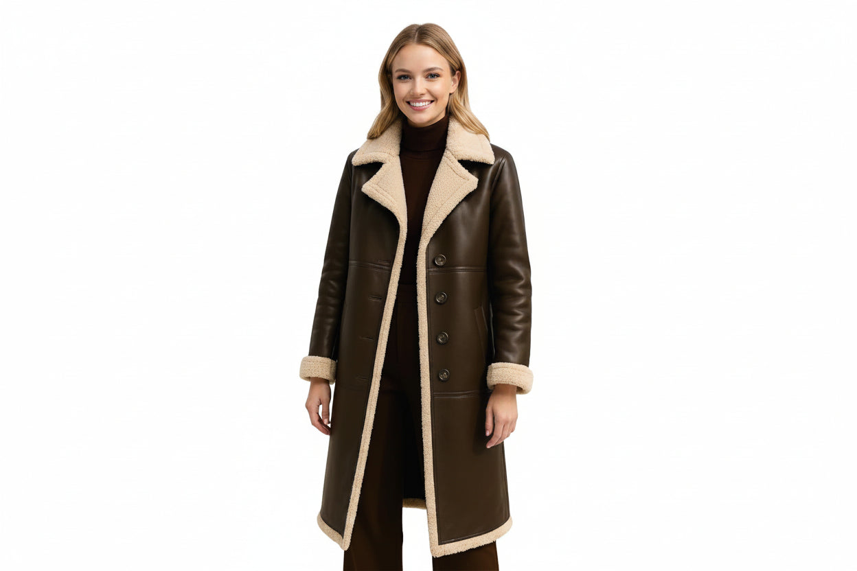 Wild Tempest women's dark espresso brown genuine lambskin leather motorcycle style long coat featuring a plush cream shearling notch collar, exposed shearling-trimmed hem and cuffs, single-breasted four-button closure, and custom made-to-measure fitting across the UK, USA, and Australia.