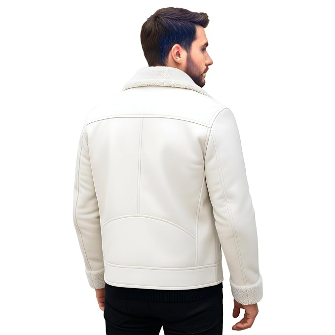 Back view of a man wearing the pure white Wild Throttle High Collar Genuine Biker Leather Jacket featuring a white plush fleece collar and zip pockets.