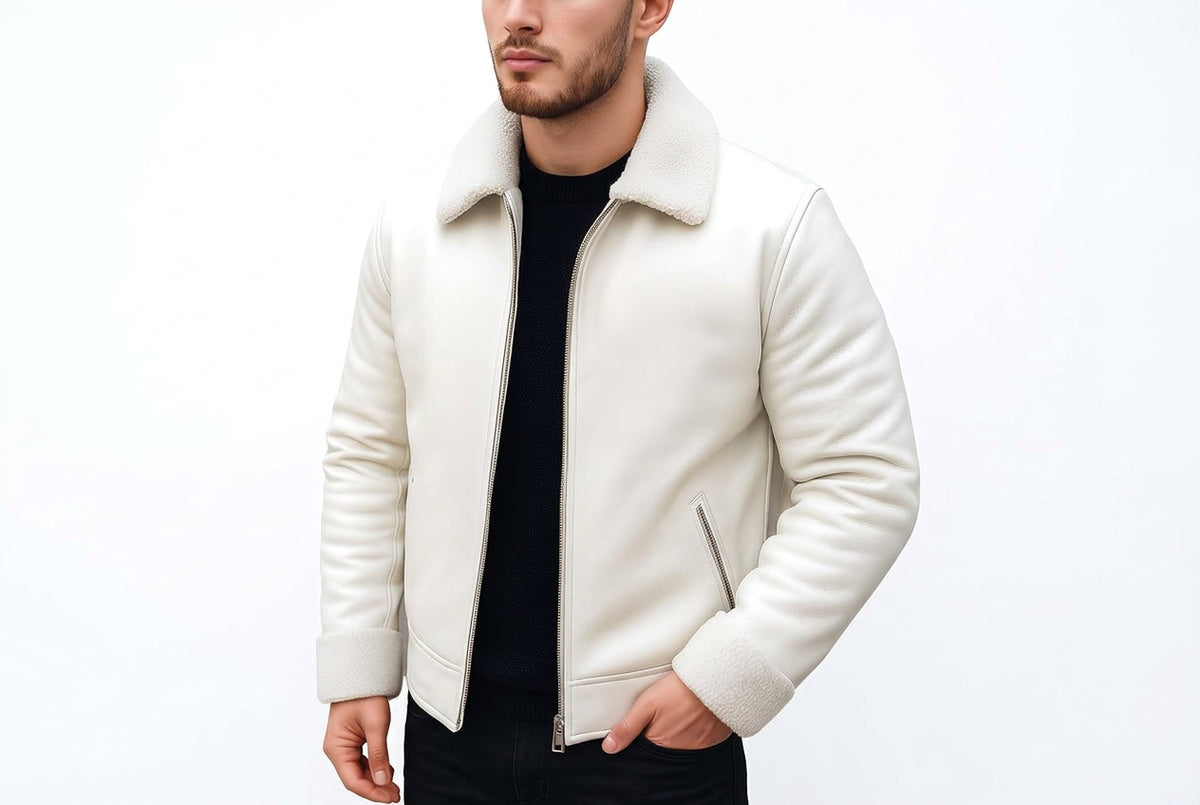 Front view of a man wearing the pure white Wild Throttle High Collar Genuine Biker Leather Jacket featuring a white plush fleece collar and zip pockets.