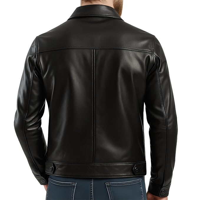 Back view of a man wearing the jet black Wolf Crest Cafe Racer Genuine Biker Leather Jacket featuring four button-flap utility pockets and a shirt collar.