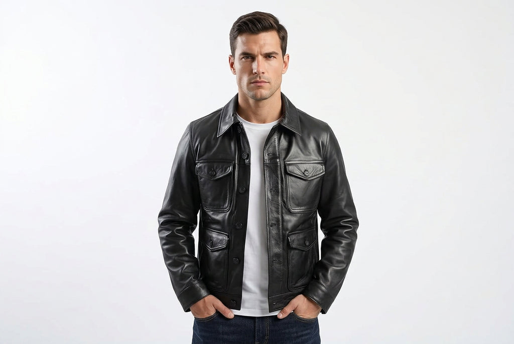 Front view of a man wearing the jet black Wolf Crest Cafe Racer Genuine Biker Leather Jacket featuring four button-flap utility pockets and a shirt collar.