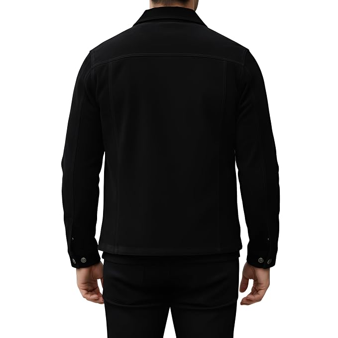 Back view of a man wearing the jet black Wolf Thread Opulent Suede Street Luxe Jacket featuring a spread collar and silver front buttons.