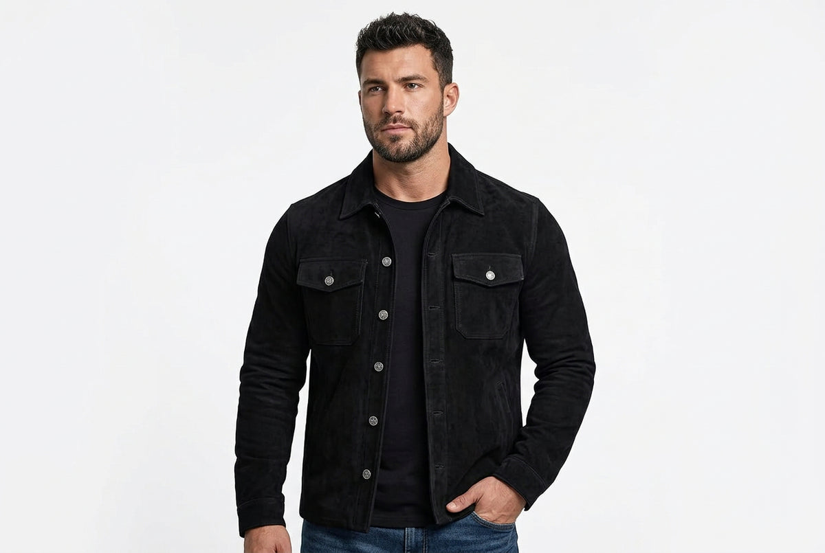 Front view of a man wearing the jet black Wolf Thread Opulent Suede Street Luxe Jacket featuring a spread collar and silver front buttons.