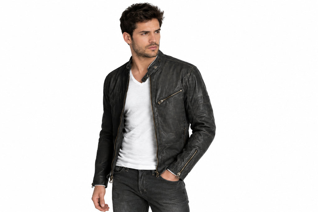 Front view of a man wearing the Zenith Band-Collar Biker Jacket featuring a band collar and zippered chest pocket.