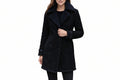 Zenith Rose women's jet black genuine suede leather elegant overcoat featuring a plush tonal black shearling-lined collar, single-breasted button closure, leather-trimmed cuff straps, side welt pockets, mid-thigh length fit, and custom made-to-measure fitting across the UK, USA, and Australia.