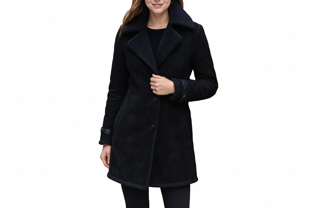 Zenith Rose women's jet black genuine suede leather elegant overcoat featuring a plush tonal black shearling-lined collar, single-breasted button closure, leather-trimmed cuff straps, side welt pockets, mid-thigh length fit, and custom made-to-measure fitting across the UK, USA, and Australia.