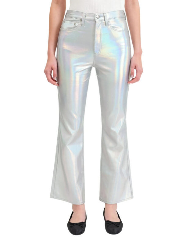 Celestial Glow High-Waist Metallic Flare Denim Front