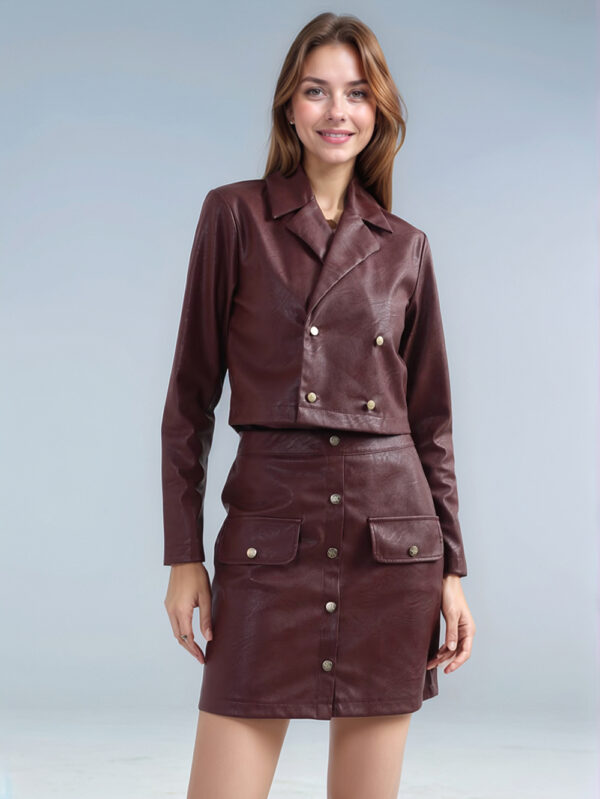 Coffee Luxe Classic Solid Leather Blazer for Effortless Charm Front