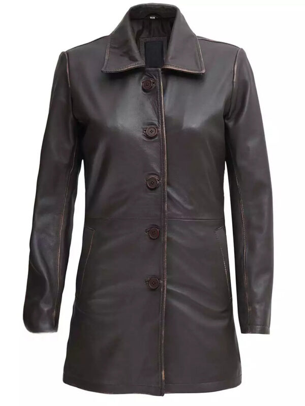 Distressed Classic Brown Leather Car Coat Front