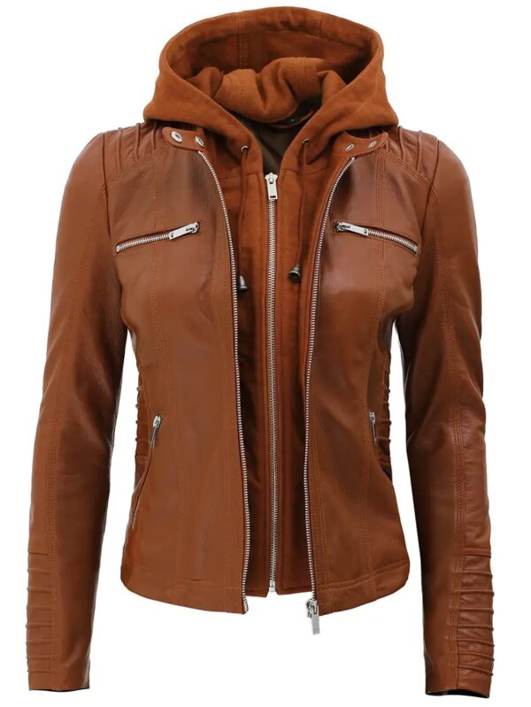 UrbanHides Cognac Eclipse Slim Fit Hooded Leather Jacket Front